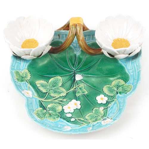 215 - George Jones, Victorian Majolica strawberry server in the form of a lili pad with sugar and cream bo... 