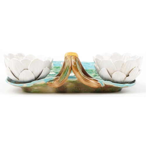 215 - George Jones, Victorian Majolica strawberry server in the form of a lili pad with sugar and cream bo... 