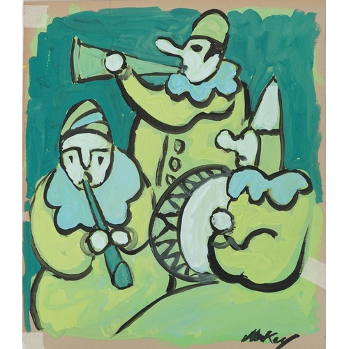 1579 - Manner of Markey Robinson - Three Pierrot musicians, Irish school gouache on card, unframed, 38cm x ... 