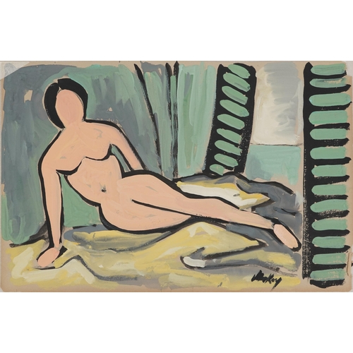 1528 - Manner of Markey Robinson - Reclining nude female, Irish school gouache on card, unframed, 51cm x 33... 