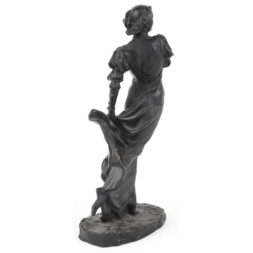 278 - 1970s Russian cast iron statuette of a female wearing a flowing dress, Cyrillic script and dated 197... 