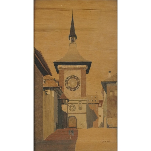 521 - The Zytglogge Clock Tower, Berne, Switzerland, Rectangular parquetry inlaid panel, signed Spindler, ... 