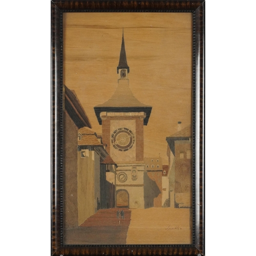 521 - The Zytglogge Clock Tower, Berne, Switzerland, Rectangular parquetry inlaid panel, signed Spindler, ... 