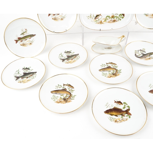 723 - J K W Decor Carlsbad, Bavarian porcelain fish service decorated with various fish comprising twelve ... 