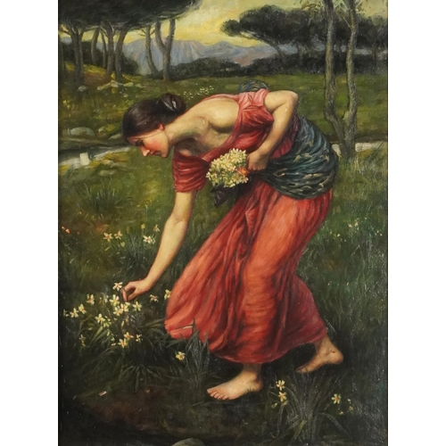 1309 - Female picking flowers, Pre-Raphaelite school oil on board, 39cm x 29cm