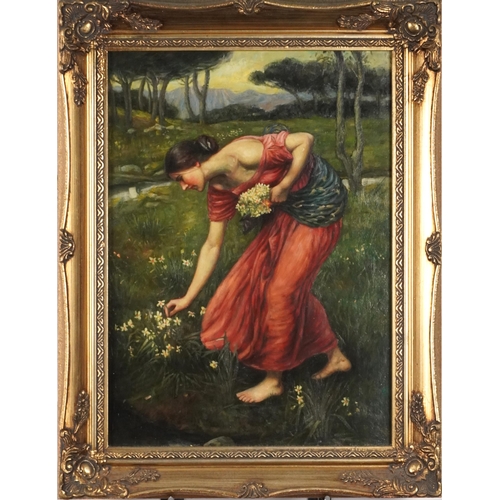 1309 - Female picking flowers, Pre-Raphaelite school oil on board, 39cm x 29cm