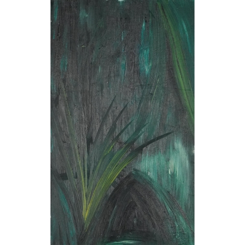 1328 - Green abstract, 1960s oil on board, framed, 55cm x 32.5cm excluding the frame