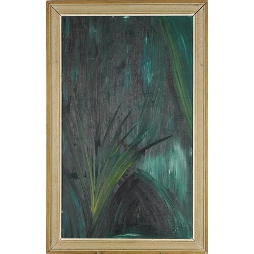 1328 - Green abstract, 1960s oil on board, framed, 55cm x 32.5cm excluding the frame