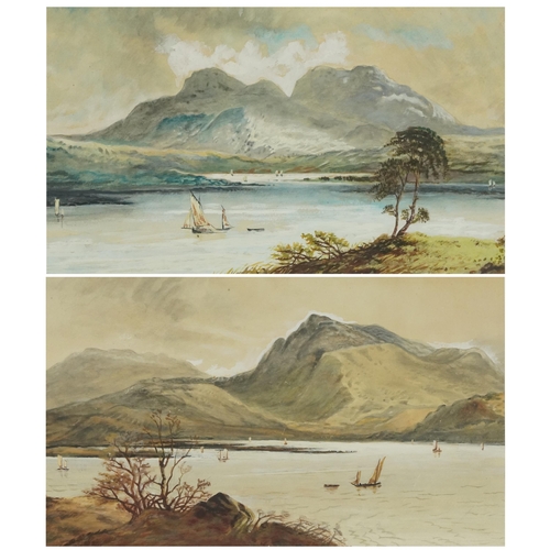 760 - Lake scenes with fishing boats, pair of continental school heightened watercolours, mounted, framed ... 