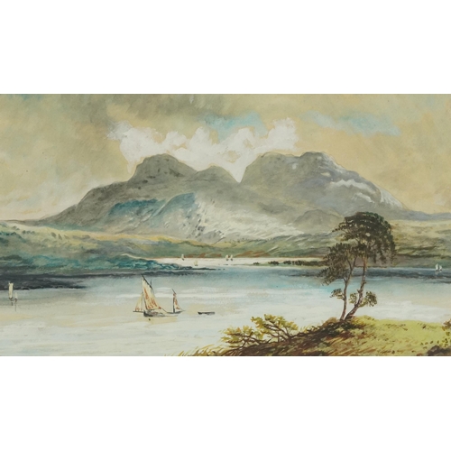 760 - Lake scenes with fishing boats, pair of continental school heightened watercolours, mounted, framed ... 