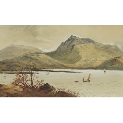 760 - Lake scenes with fishing boats, pair of continental school heightened watercolours, mounted, framed ... 