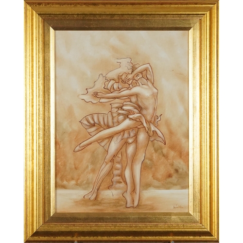 754 - Walton - Two ballerinas, sepia oil on canvas, mounted and framed, 39.5cm x 29cm excluding the mount ... 