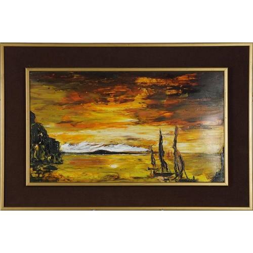 803 - Sylva - Surreal seascape with fishing boats, 1970s oil, mounted and framed, 59cm x 34cm excluding th... 