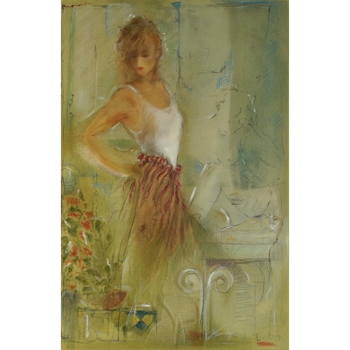 532 - Janet Treby - Portrait of a female, study of dance, heightened pastel on card, labels verso, mounted... 