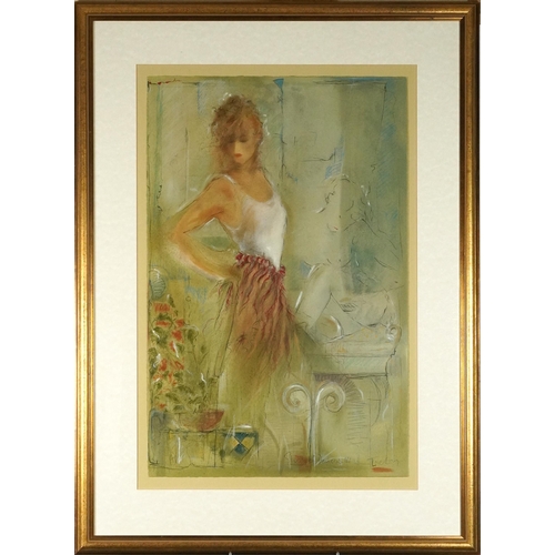 532 - Janet Treby - Portrait of a female, study of dance, heightened pastel on card, labels verso, mounted... 