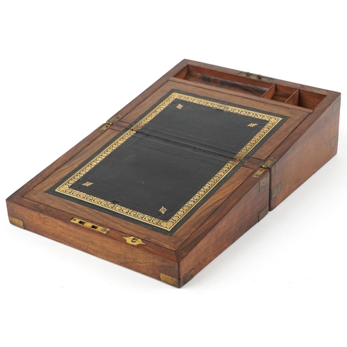 1342 - Victorian mahogany campaign style writing slope with tooled leather insert and brass mounts, 16cm H ... 