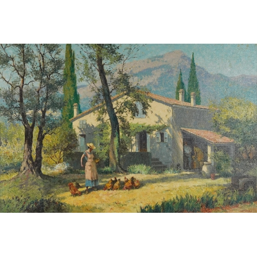 533 - McKay - Continental villa with young female feeding chickens, Impressionist oil on canvas, mounted a... 