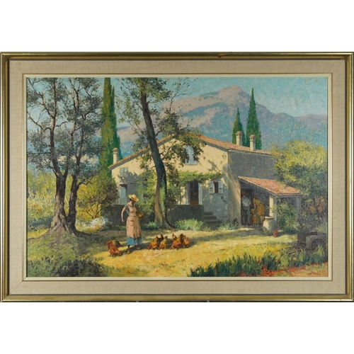 533 - McKay - Continental villa with young female feeding chickens, Impressionist oil on canvas, mounted a... 