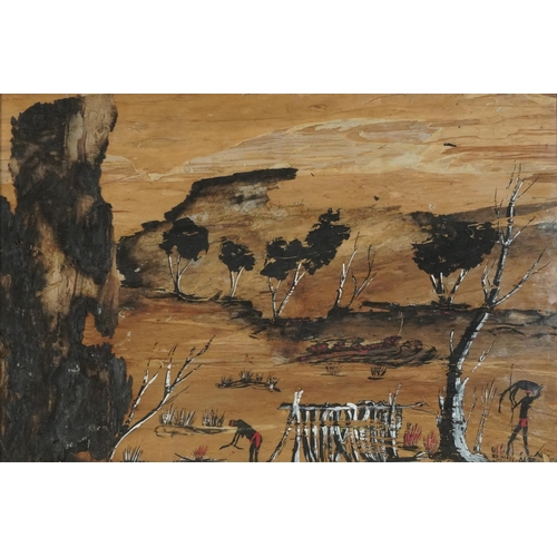 1358 - Australian landscape with Aboriginals, Aborigine Western Australian school painting on panel, labels... 