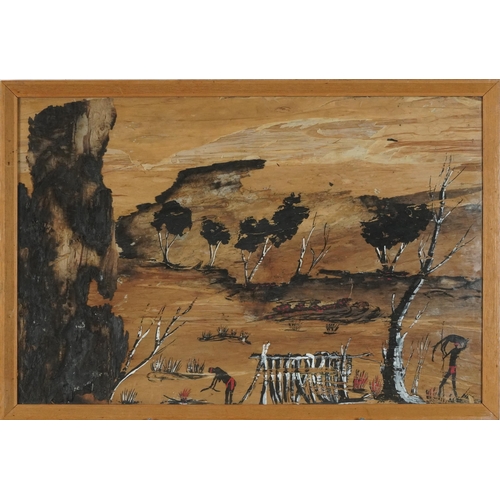 1358 - Australian landscape with Aboriginals, Aborigine Western Australian school painting on panel, labels... 