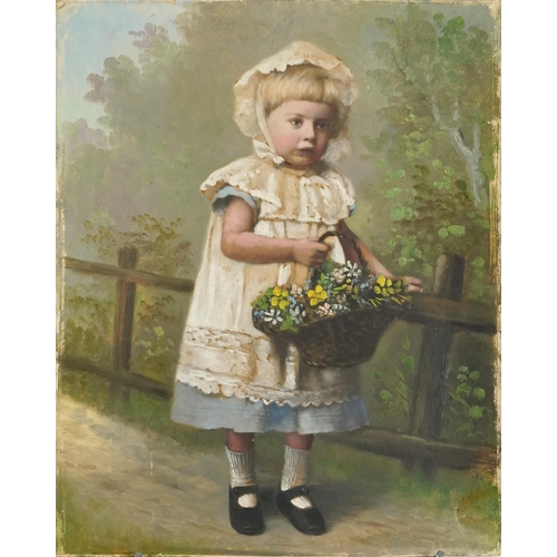 1433 - Portrait of a young girl wearing a white bonnet holding a basket of flowers beside a fence, Victoria... 