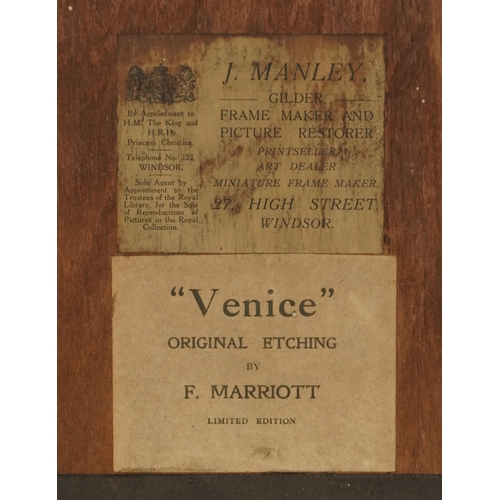 1649 - F Marriott - Venice and Bruges, matched pair of pencil signed hand coloured etchings, labels verso, ... 