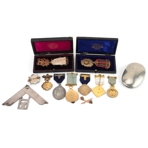 1735 - Masonic regalia, some silver and enamel, including a 19th century oval white metal snuff box engrave... 