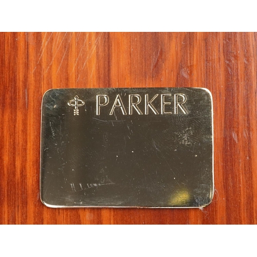 153 - Parker Pen Salesman stained wood container for Quink ink, The Original Bung Box Company plaque to th... 