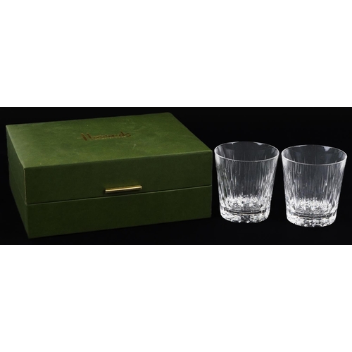 743 - Pair of Harrods crystal glasses housed in a fitted box, each glass 8cm high