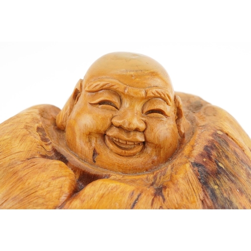 1348 - Chinese root wood carving of a happy Buddha, 15cm high