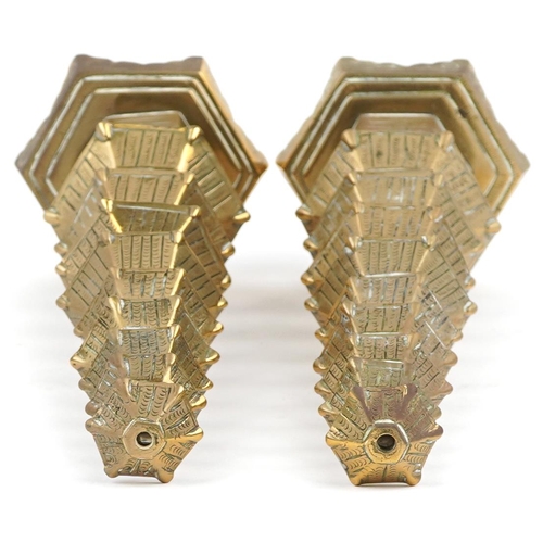 624 - Pair of Chinese brass or bronze incense burners in the form of pagodas, 34cm high