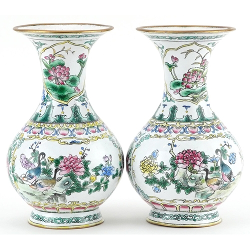 508 - Pair of Chinese Canton enamelled vases hand painted with birds and ducks amongst flowers, each 15cm ... 