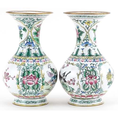 508 - Pair of Chinese Canton enamelled vases hand painted with birds and ducks amongst flowers, each 15cm ... 