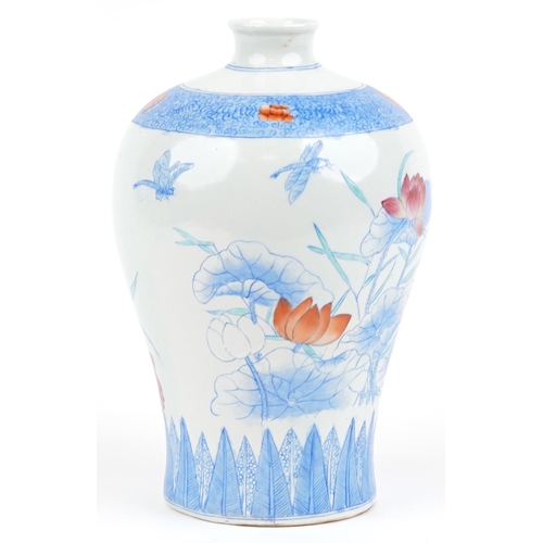 1330 - Chinese porcelain Meiping vase hand painted with aquatic plants and flowers, 30.5cm high