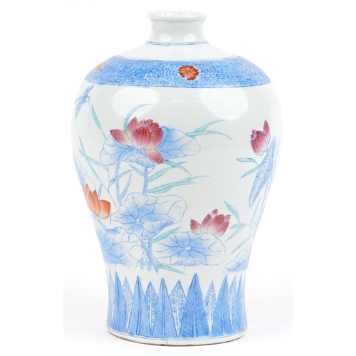 1330 - Chinese porcelain Meiping vase hand painted with aquatic plants and flowers, 30.5cm high