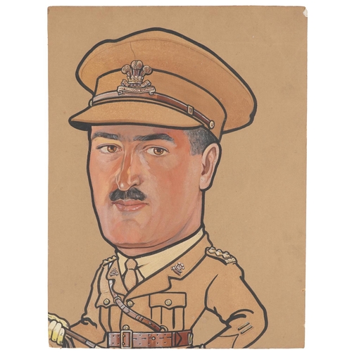 1888 - Portrait of a 3rd Dragoons Guards Officer, military interest ink and watercolour caricature on card,... 