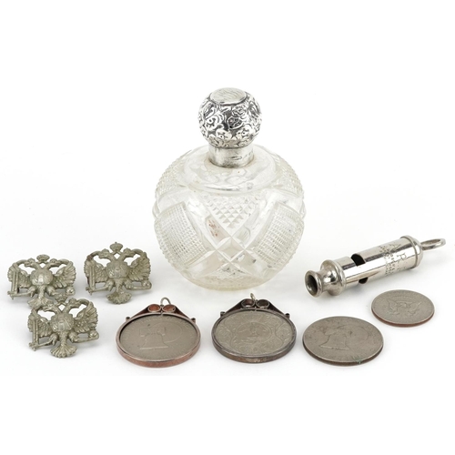 1520 - Sundry items including a silver topped cut glass scent bottle, three American dollars, two with silv... 