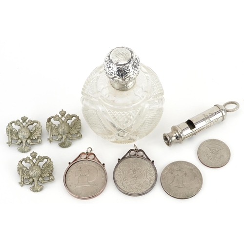 1520 - Sundry items including a silver topped cut glass scent bottle, three American dollars, two with silv... 