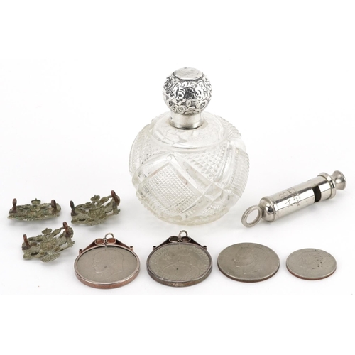 1520 - Sundry items including a silver topped cut glass scent bottle, three American dollars, two with silv... 