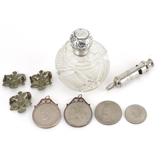 1520 - Sundry items including a silver topped cut glass scent bottle, three American dollars, two with silv... 