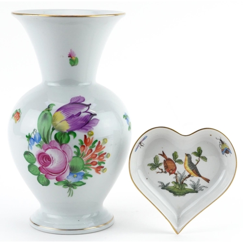 708 - Herend, Hungarian porcelain vase hand painted with flowers and a heart shaped dish hand painted in t... 