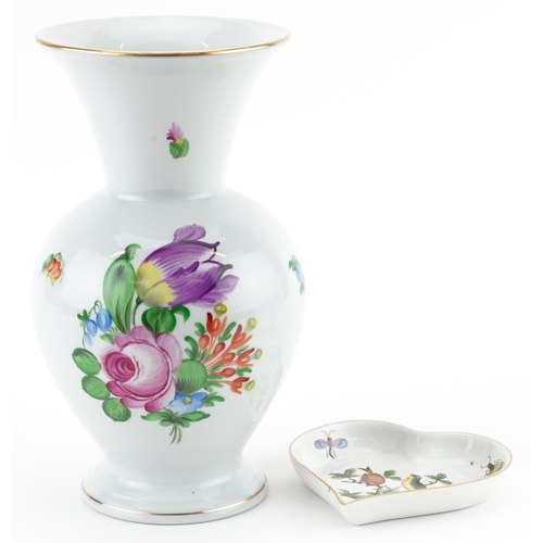 708 - Herend, Hungarian porcelain vase hand painted with flowers and a heart shaped dish hand painted in t... 