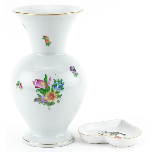 708 - Herend, Hungarian porcelain vase hand painted with flowers and a heart shaped dish hand painted in t... 