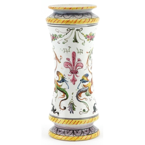 423 - Antique Italian Maiolica vase with waisted body hand painted with angel heads and stylised flowers, ... 