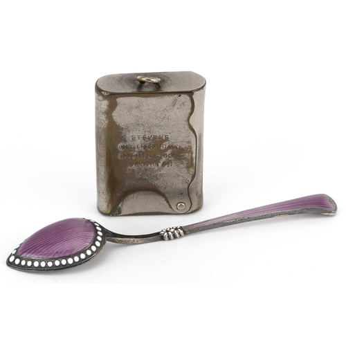 1497 - French silver guilloche enamel teaspoon and a vintage Steven's silver plated vesta, the largest 10cm... 