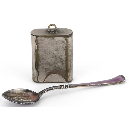 1497 - French silver guilloche enamel teaspoon and a vintage Steven's silver plated vesta, the largest 10cm... 