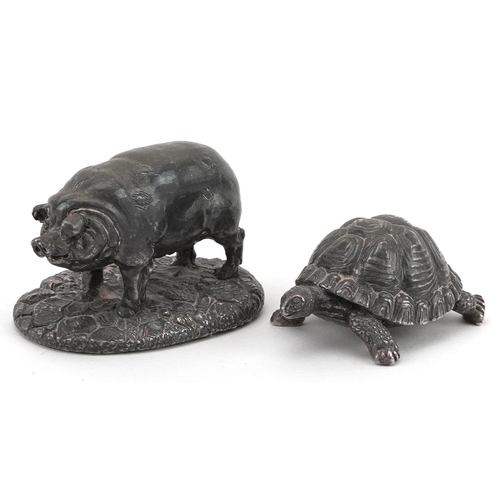 395 - Camelot Silverware Ltd, two Elizabeth II silver filled animals comprising a turtle and pig, Chester ... 