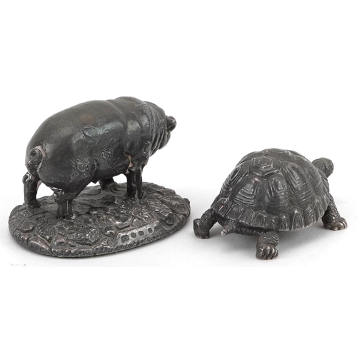 395 - Camelot Silverware Ltd, two Elizabeth II silver filled animals comprising a turtle and pig, Chester ... 