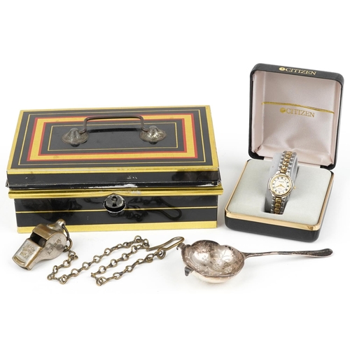 1543 - Objects comprising London North Eastern Railway whistle on chain, ladies Accurist wristwatch, Elizab... 