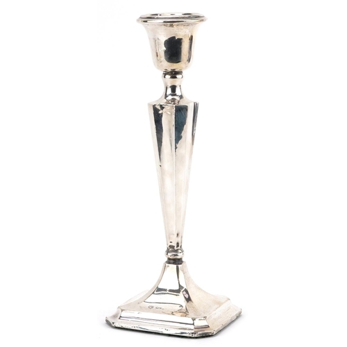 440 - James Deakin & Sons, George V tapering candlestick with square base, Chester 1913, 26cm high, 618.0g